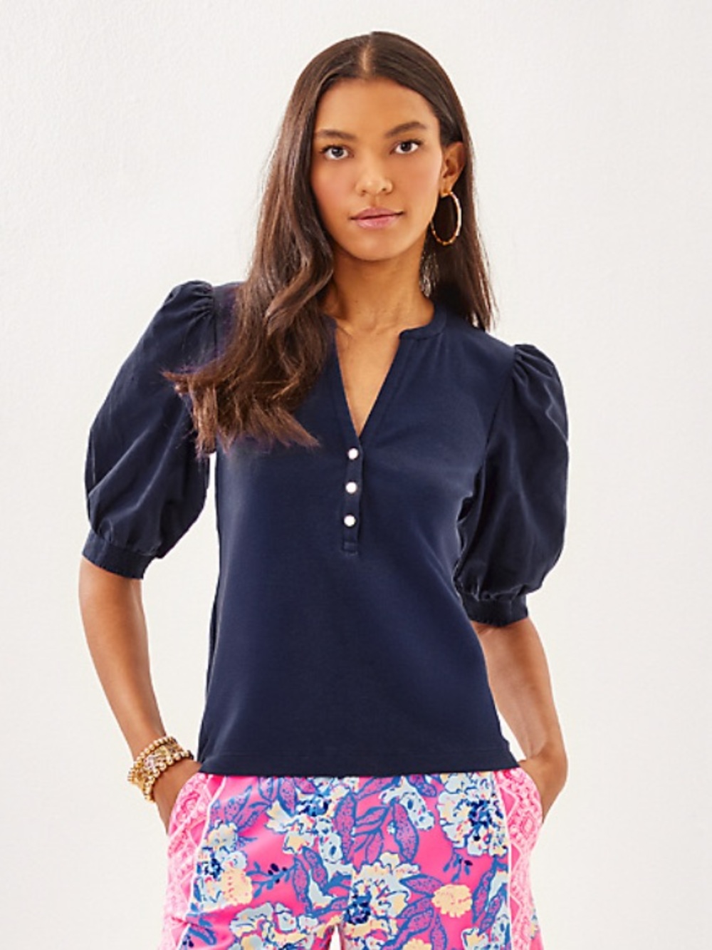 Bailey 44 Navy Puff-Sleeve Henley Top